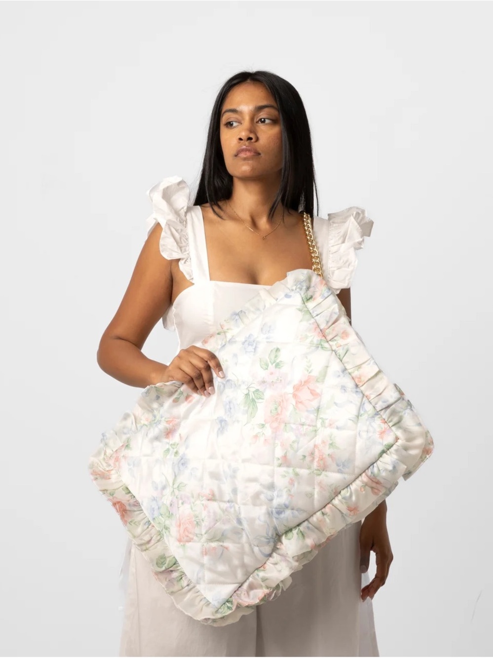 Selkie Quilted Floral Ruffle Tote in White with Pastel Pink & Blue